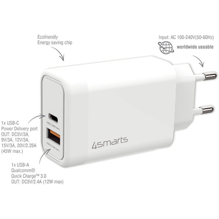 4Smarts 4SMarts VoltPlug 45W GaN USB-C Snellader - Compacte Adapter - Wit