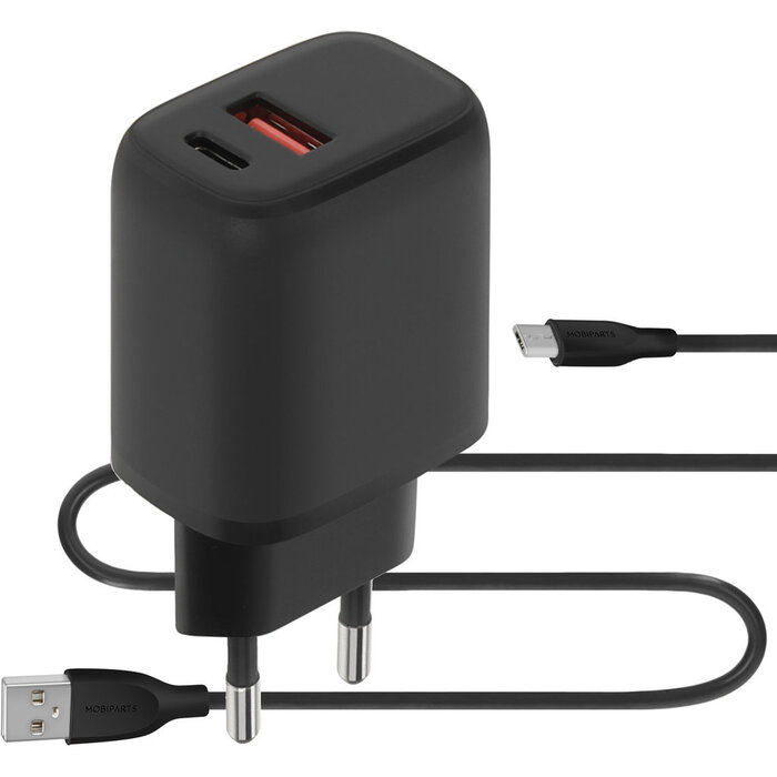 Mobiparts Mobiparts Dual Wandlader 20W USB-C & USB-A + Micro USB Kabel - Zwart