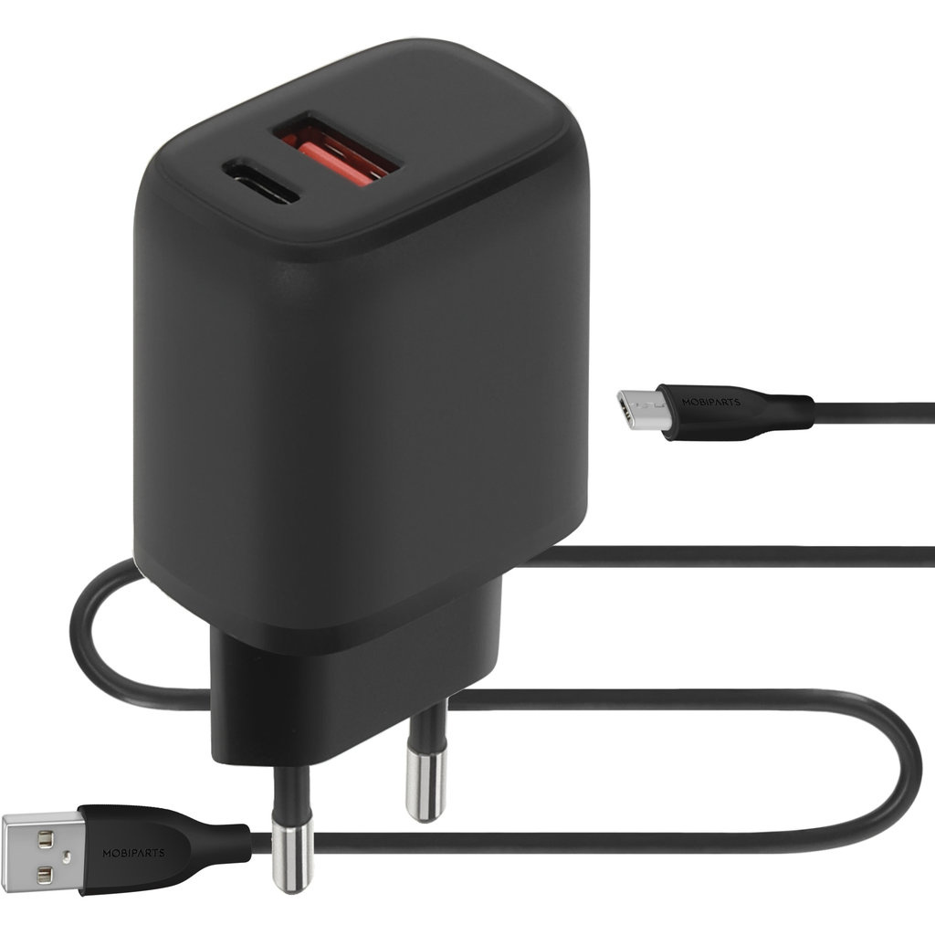 Mobiparts Mobiparts Dual Wandlader 20W USB-C & USB-A + Micro USB Kabel - Zwart