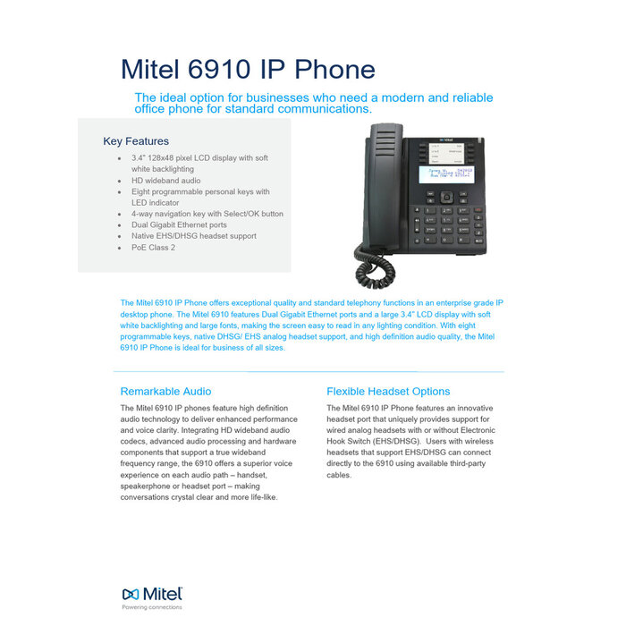 Mitel Mitel 6915 SIP Telefoon - 3.5" Kleurenscherm & Gigabit (50009434)