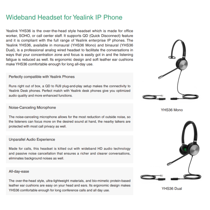 Yealink Yealink YHS36 E2 Mono Bedrade Headset met Noise-Canceling voor IP-Telefoons