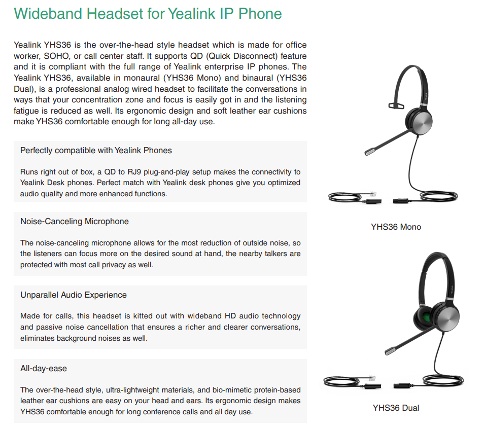 Yealink Yealink YHS36 E2 Mono Bedrade Headset voor Yealink IP-Telefoons