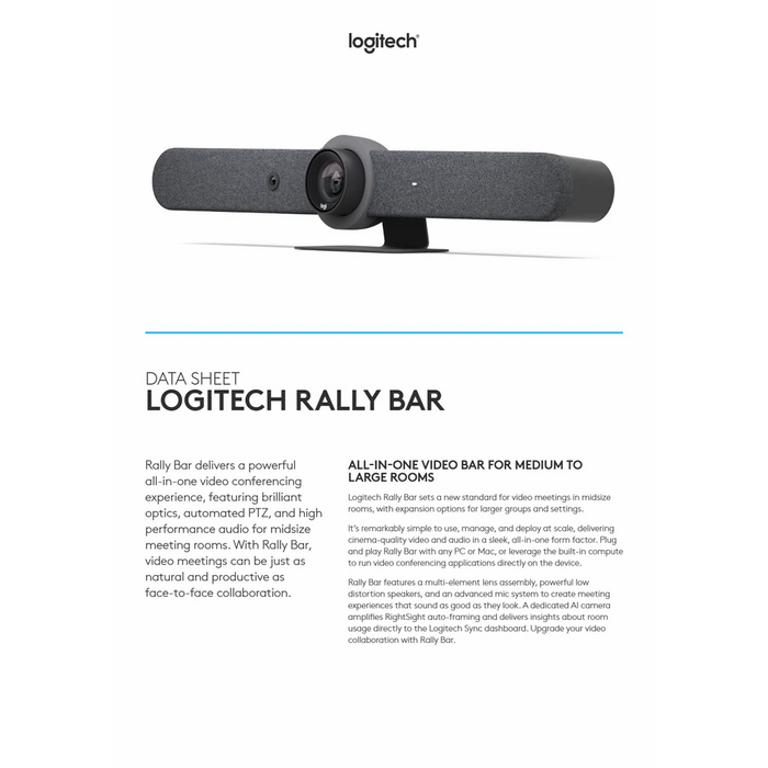 logitech Logitech Rally Bar Alles-in-één 4K Videobar voor middelgrote vergaderruimtes - Graphite
