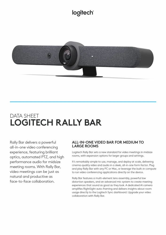 logitech Logitech Rally Bar Alles-in-één 4K Videobar voor middelgrote vergaderruimtes - Graphite