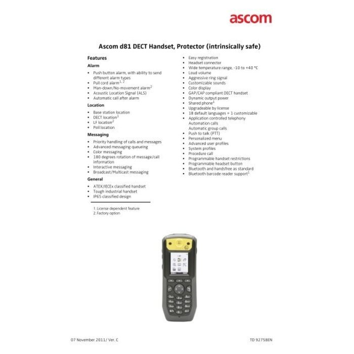 Ascom Ascom d81 protector DECT handset NM MD PC