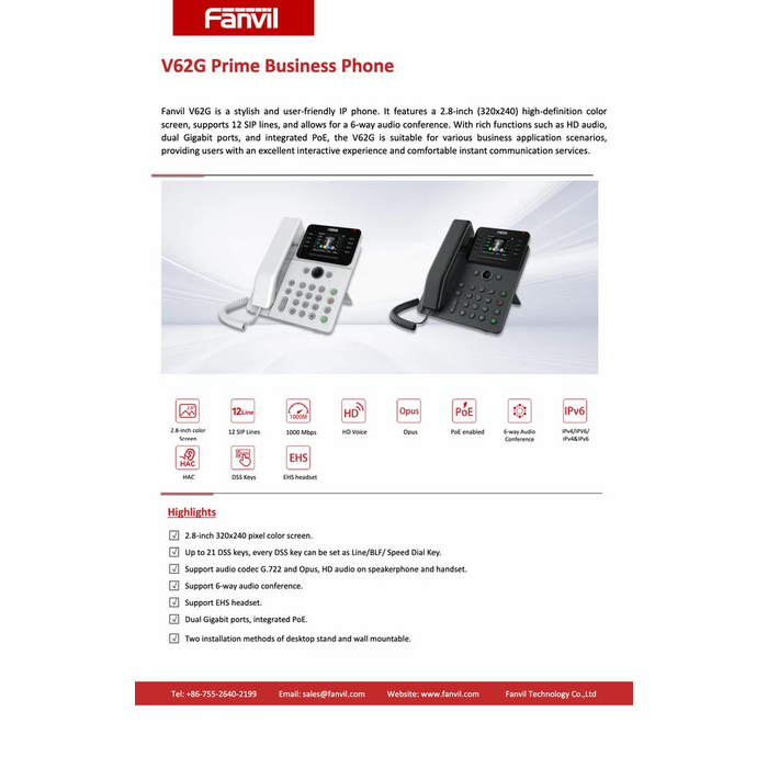 Fanvil Fanvil V62G White Zakelijke VoIP-Telefoon (Gigabit, PoE)