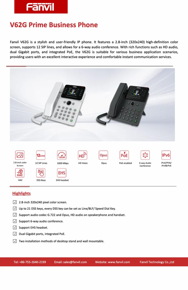 Fanvil Fanvil V62G White Zakelijke VoIP-Telefoon (Gigabit, PoE)