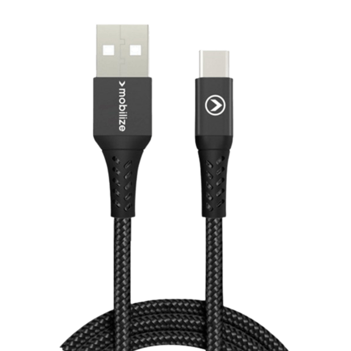 Mobilize Mobilize USB-A naar USB-C Nylon Kabel - 1 Meter - Zwart