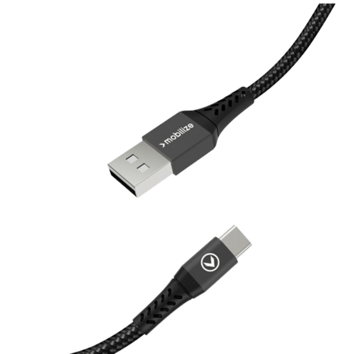 Mobilize Mobilize USB-A naar USB-C Nylon Kabel - 1 Meter - Zwart