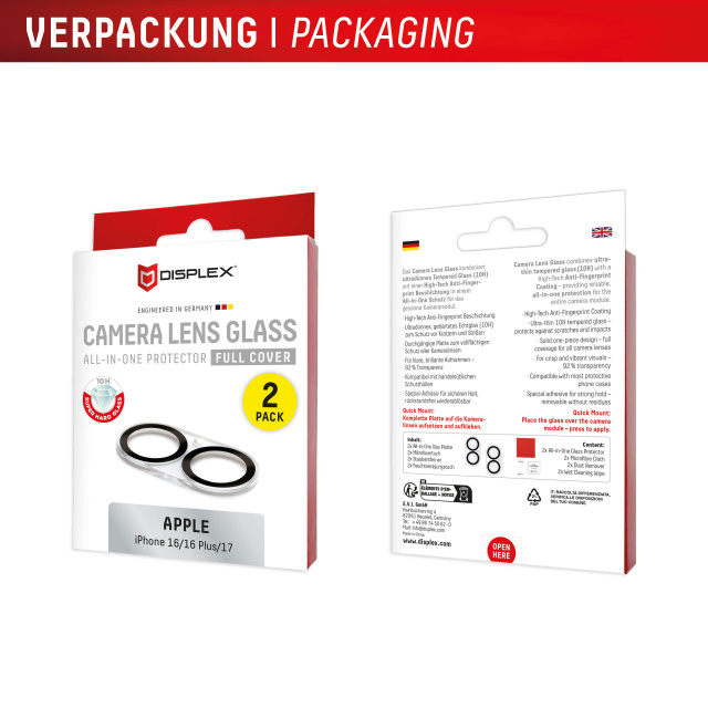 Displex DISPLEX CamGlass All-In-One Cameralens Beschermer - iPhone 16/16 Plus/17 (2-pack)