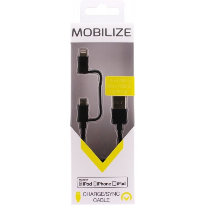 Mobilize Mobilize 2-in-1 USB-A naar MFi Lightning & Micro-USB Kabel - 1.5m - Zwart