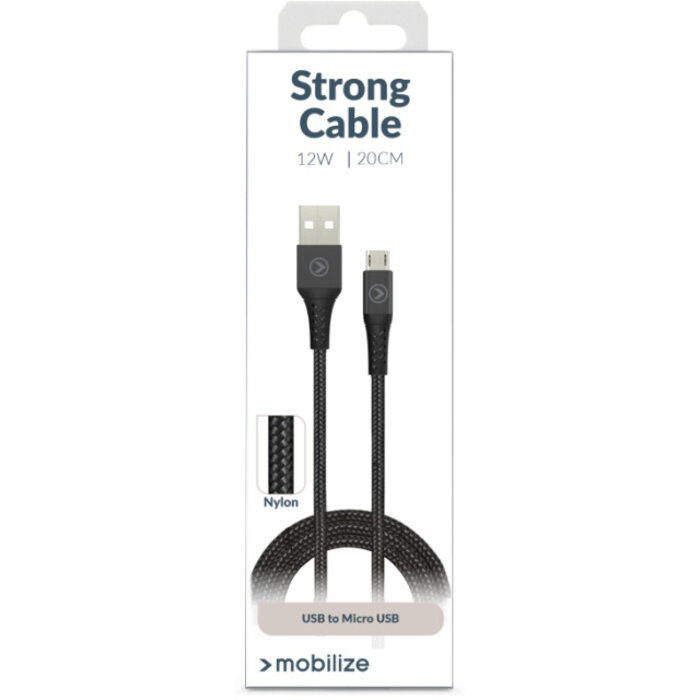 Mobilize Mobilize Strong Nylon USB naar Micro-USB Kabel - 20cm - 12W - Zwart