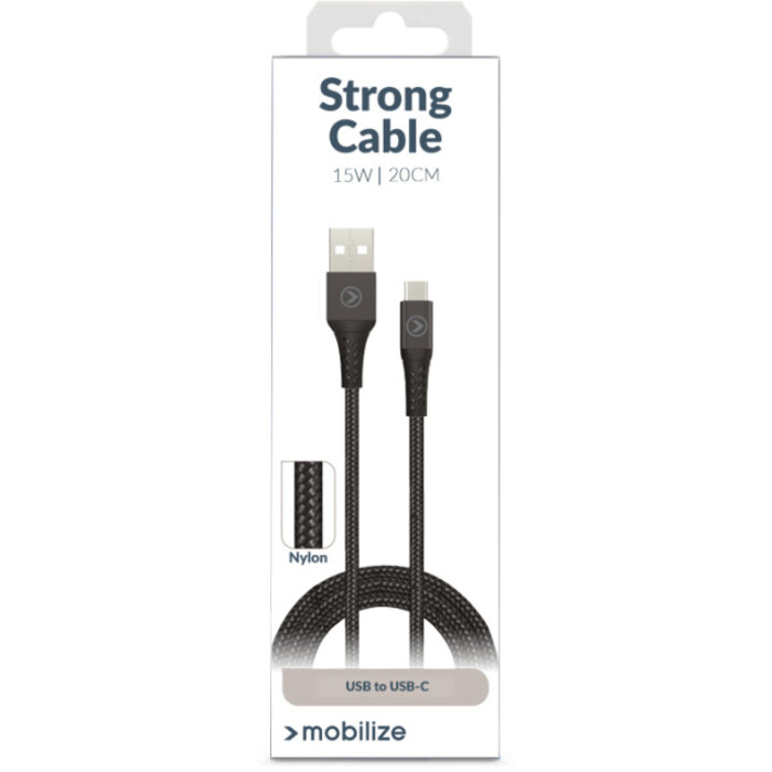 Mobilize Mobilize Strong Nylon USB naar USB-C Kabel - 20cm - 15W - Zwart