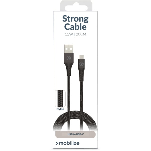 Mobilize Mobilize Strong Nylon USB naar USB-C Kabel - 20cm - 15W - Zwart