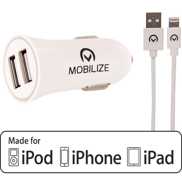 Mobilize Mobilize Dual USB Autolader 24W met MFi Lightning Kabel 1m - Wit