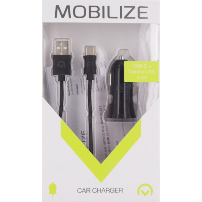 Mobilize Mobilize Dual USB Autolader 12W (2.4A) + 1m USB-C Kabel - Zwart