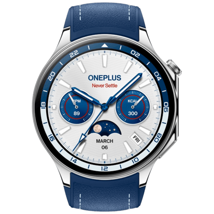 OnePlus OnePlus Watch 2 Smartwatch - Zilver met Blauwe Leren Band