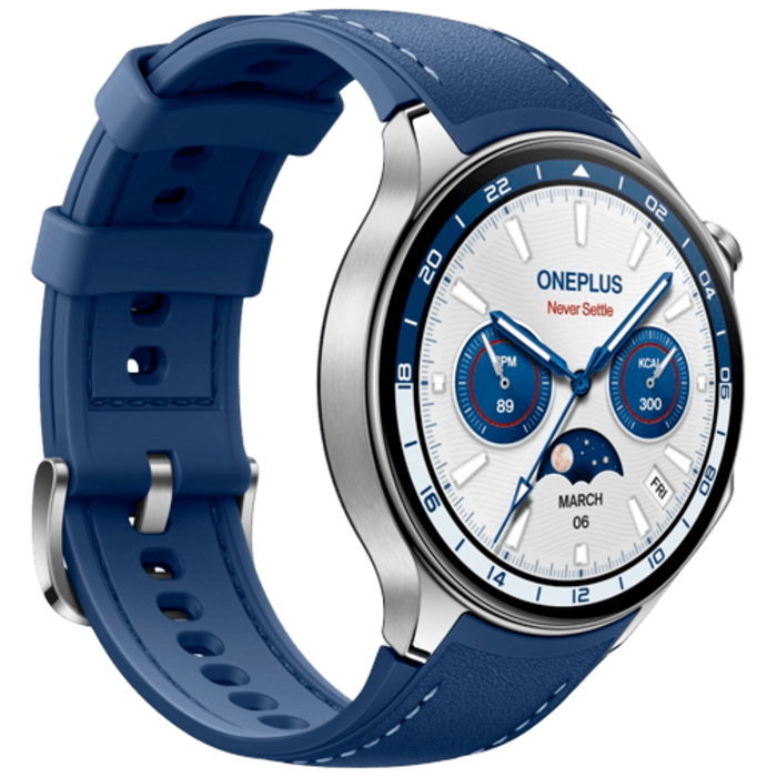 OnePlus OnePlus Watch 2 Smartwatch - Zilver met Blauwe Leren Band