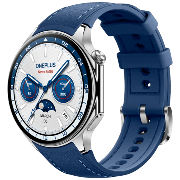 OnePlus OnePlus Watch 2 Smartwatch - Zilver met Blauwe Leren Band