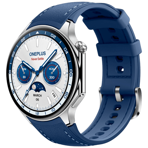 OnePlus OnePlus Watch 2 Smartwatch - Zilver met Blauwe Leren Band