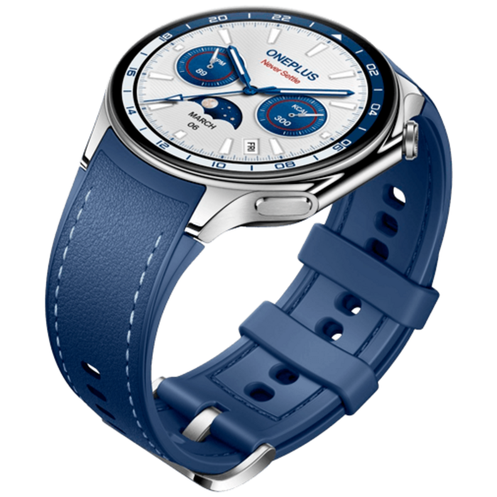 OnePlus OnePlus Watch 2 Smartwatch - Zilver met Blauwe Leren Band