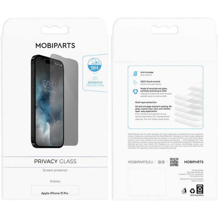 Mobiparts Mobiparts Privacy Glass Screenprotector voor Apple iPhone 15 Pro