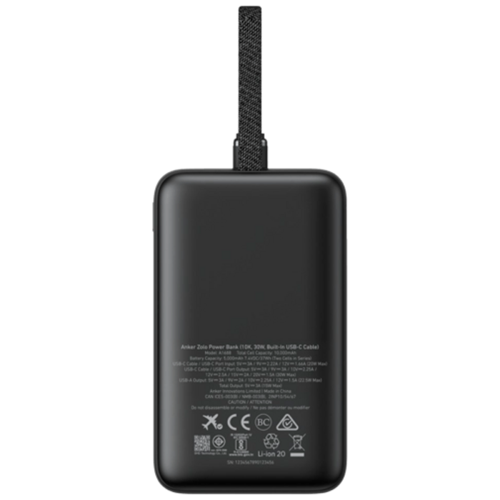 Anker Anker Zolo Powerbank 20.000mAh met Ingebouwde USB-C Kabel Zwart