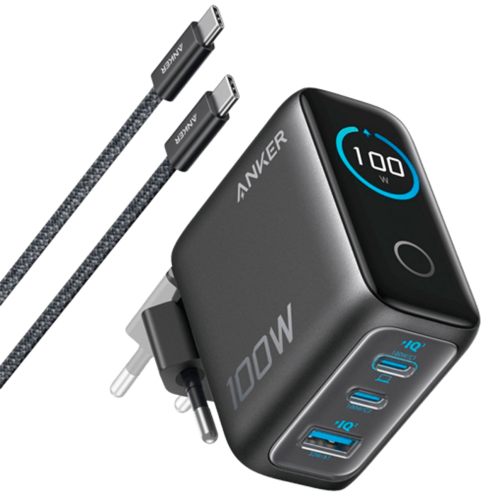 Anker Anker Dual USB-C + USB-A Snellader 100W Zwart inclusief Kabel