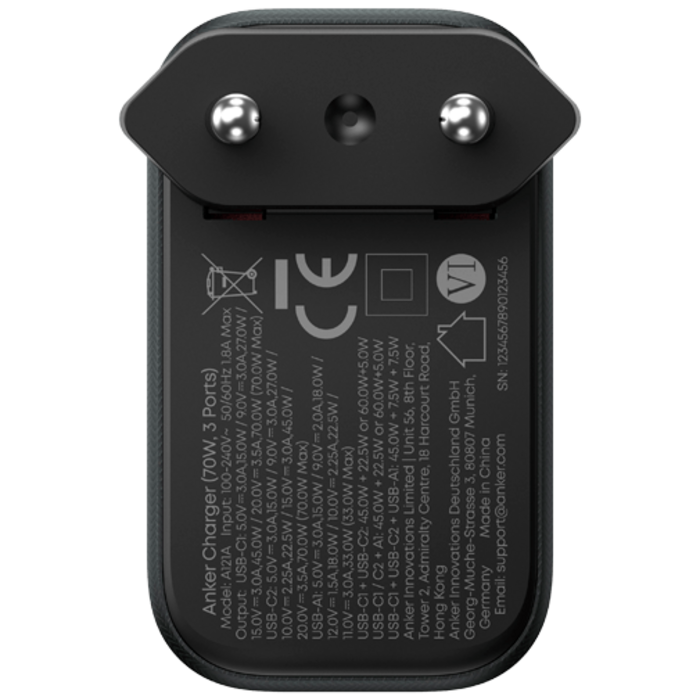 Anker Anker Dual USB-C + USB-A Snellader 70W Zwart