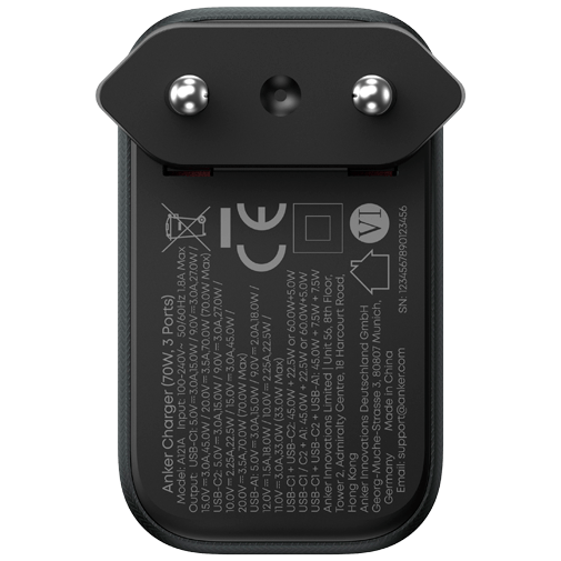 Anker Anker Dual USB-C + USB-A Snellader 70W Zwart