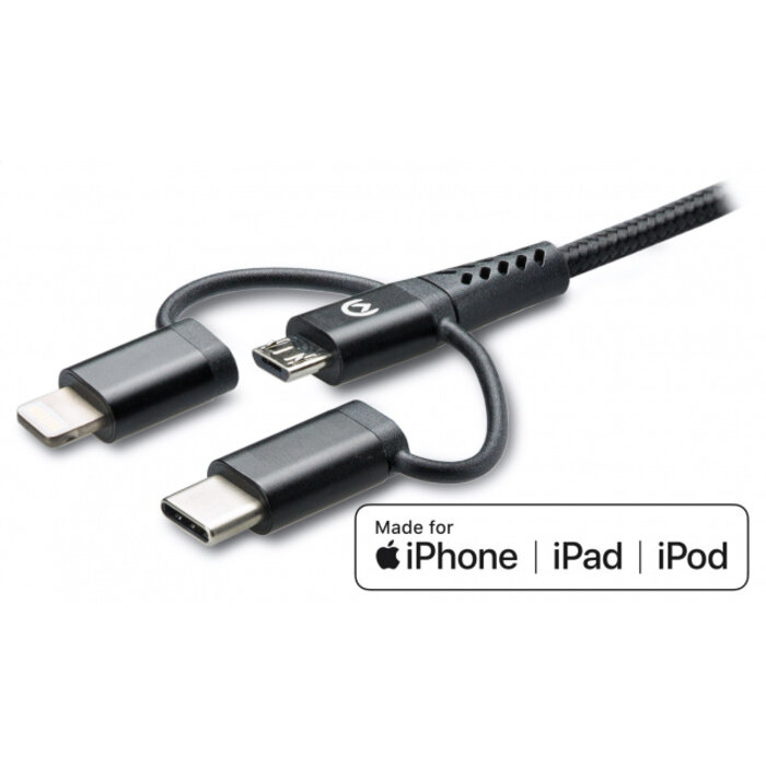 Mobilize Mobilize Strong Nylon Cable 3in1 USB to Micro USB, USB-C, Apple MFi Lightning 1.5m Black