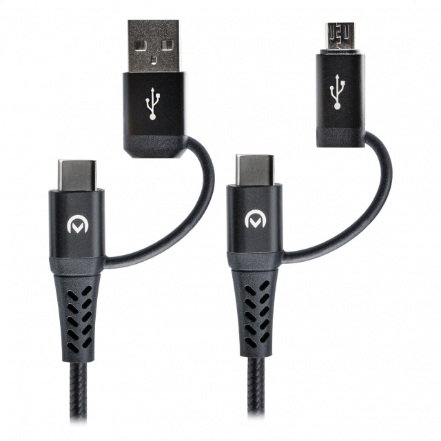 Mobilize Mobilize Strong Nylon 4-in-1 Laadkabel USB/USB-C naar Micro-USB/USB-C 1.5m Zwart