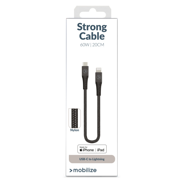 Mobilize Mobilize Strong Nylon USB-C naar Lightning Kabel 20cm 60W Zwart (MFi)