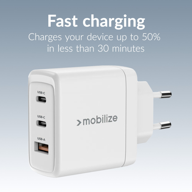 Mobilize Mobilize GaN Snellader 65W - 2x USB-C & 1x USB-A met PD/PPS - Wit