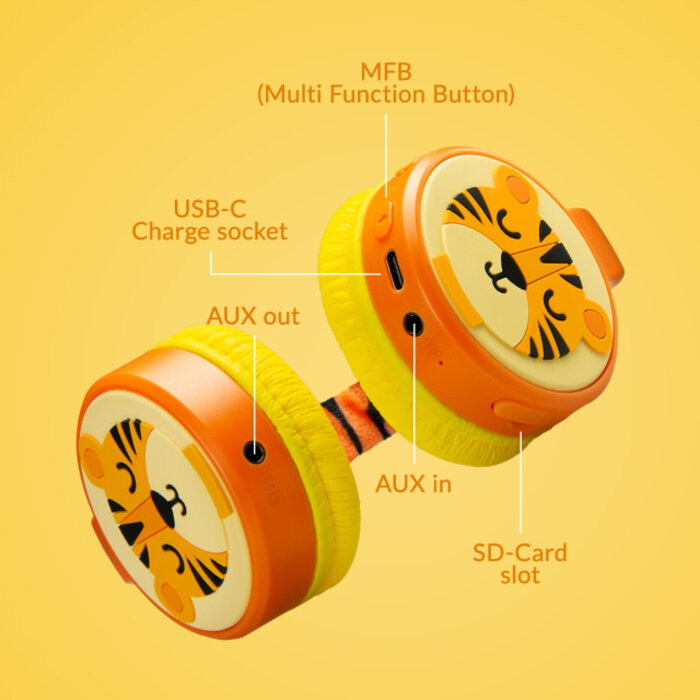 Mobilize Mobilize Wireless/Wired Over Ear Kids Headphone 85dB Tiger