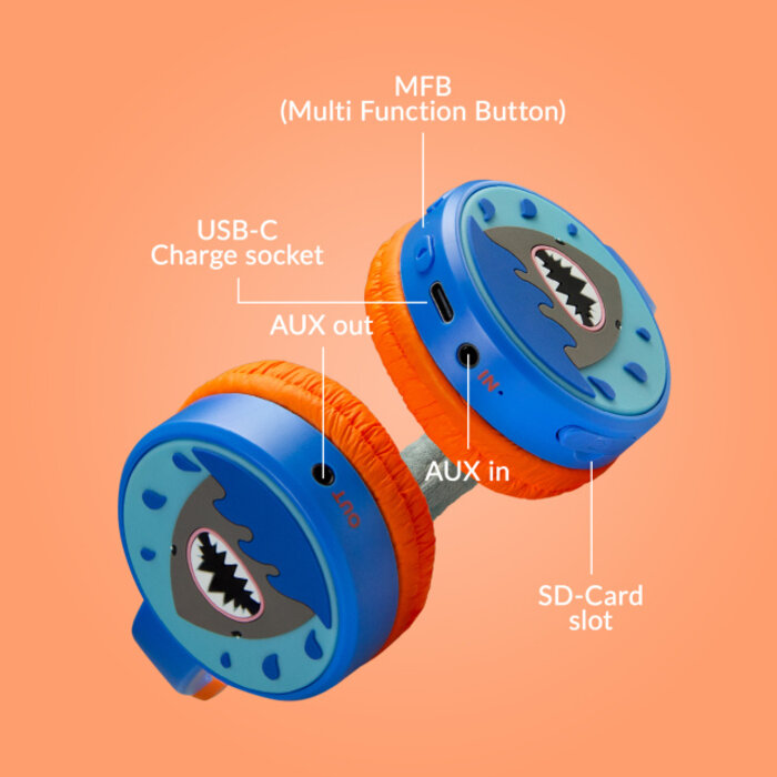 Mobilize Mobilize Wireless/Wired Over Ear Kids Headphone 85dB Shark