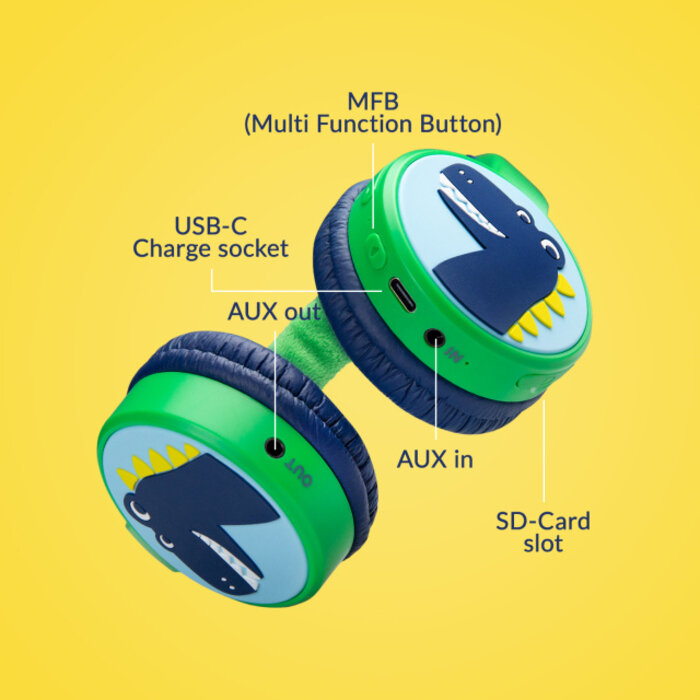 Mobilize Mobilize Wireless/Wired Over Ear Kids Headphone 85dB Dinosaur