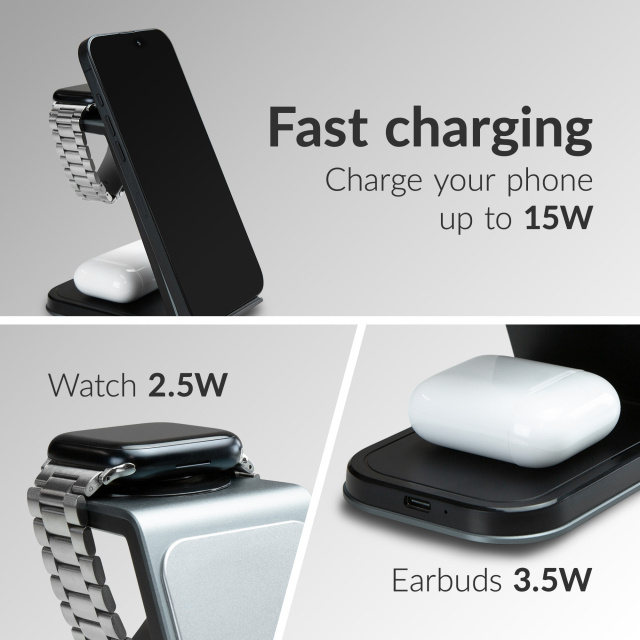 Mobilize Mobilize 3in1 Aluminium Wireless Charger Station 15W