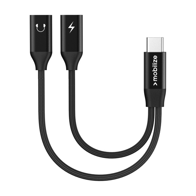 Mobilize Mobilize Strong Nylon USB-C Splitter voor Audio & Laden - 15cm - Zwart