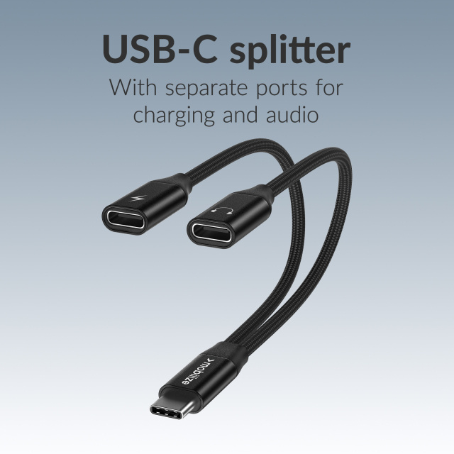 Mobilize Mobilize Strong Nylon USB-C Splitter voor Audio & Laden - 15cm - Zwart