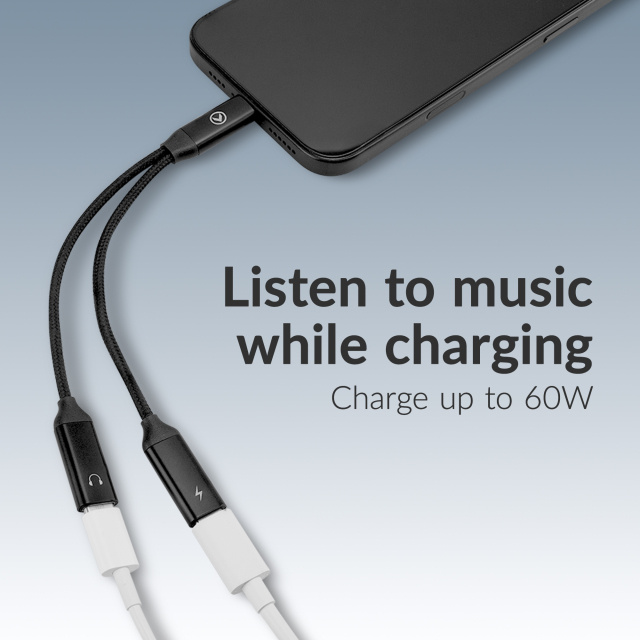 Mobilize Mobilize Strong Nylon USB-C Splitter voor Audio & Laden - 15cm - Zwart
