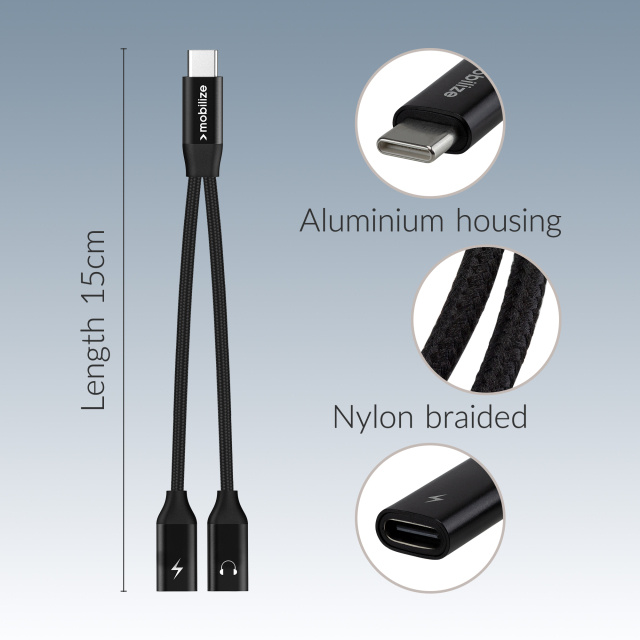Mobilize Mobilize Strong Nylon USB-C Splitter voor Audio & Laden - 15cm - Zwart