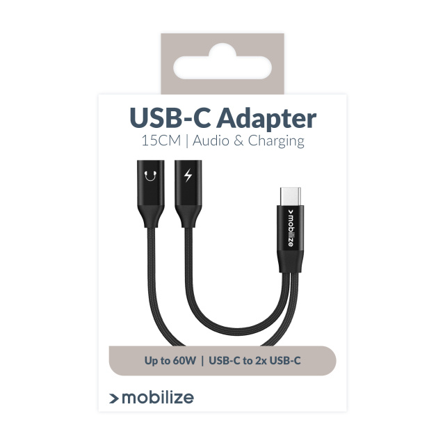 Mobilize Mobilize Strong Nylon USB-C Splitter voor Audio & Laden - 15cm - Zwart