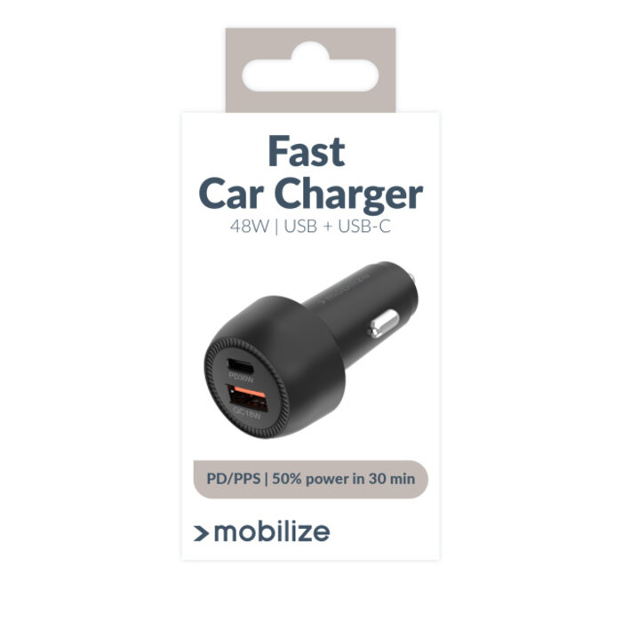 Mobilize Mobilize Autolader USB + USB-C 48W met PD, PPS en Quick Charge - Zwart