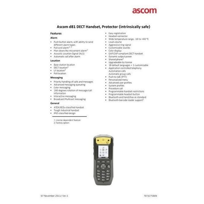 Ascom Ascom d81 protector DECT handset NM MD PC