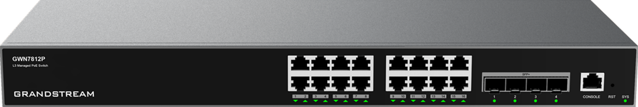 Grandstream Grandstream GWN7812P Layer 3 Managed Switch met 16 Gigabit PoE+ en 4 SFP+ poorten