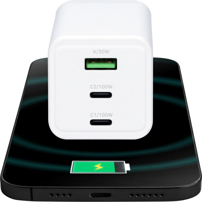 Mobiparts Mobiparts GaN Snellader 100W - 2x USB-C / 1x USB-A - PD 3.0 & QC - Wit
