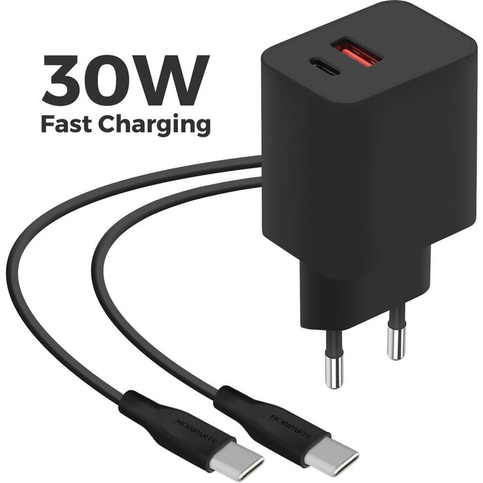 Mobiparts Mobiparts 30W Thuislader Dual USB-C/USB-A met USB-C Kabel - Zwart
