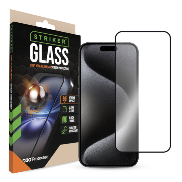 Striker Striker D3O Xtreme Impact Glass Screen Protector - Black Frame - Apple iPhone 15 Pro