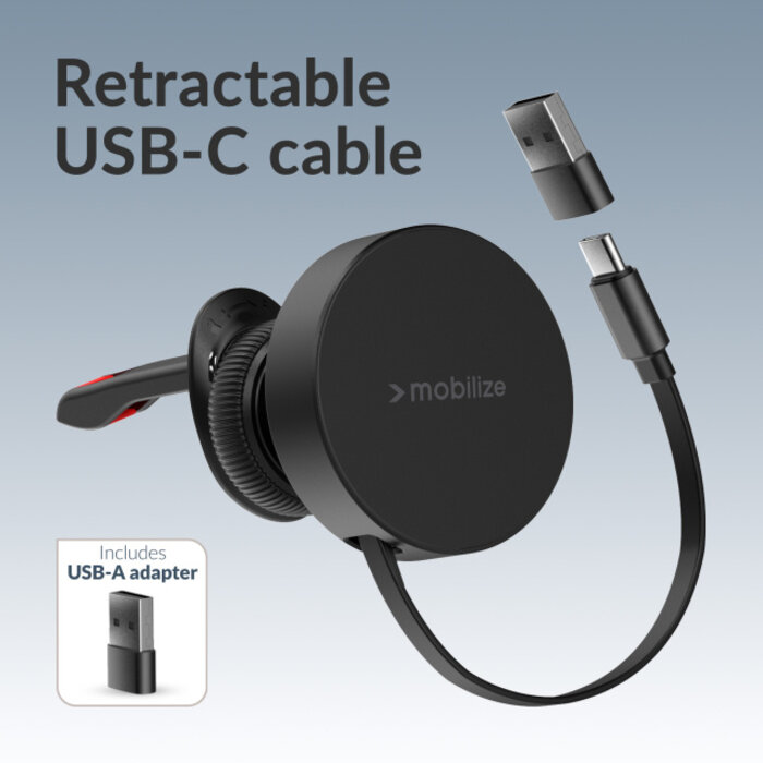 Mobilize Mobilize MagSafe Compatible Car Holder/Charger 7.5W/10W/15W with Retractable USB-C Cable Black